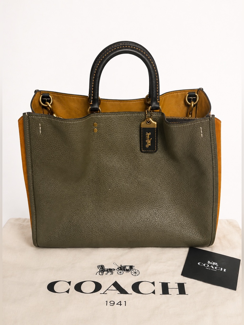 Coach Rogue 39 Olive Green Pebbled Leather Cognac Suede Large Tote Bag